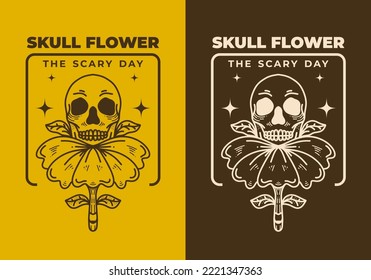 Vintage art illustration design of a skull on the flower