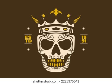 Vintage art illustration design of a skull wearing crown