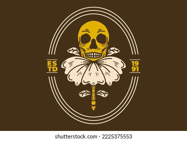 Vintage art illustration design of a skull on the flower