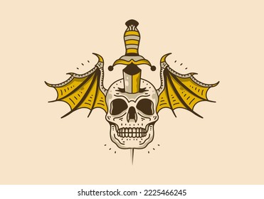 Vintage art illustration design of skull with wings and dagger