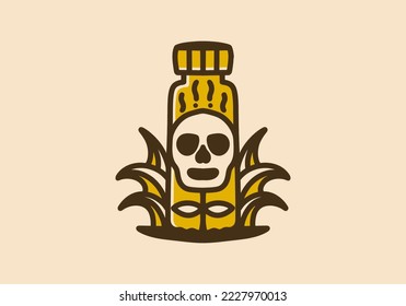 Vintage art illustration design of skull in the bottle