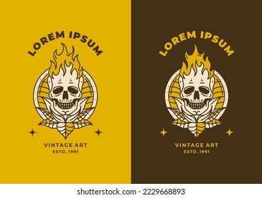Vintage art illustration design of a skull with fire