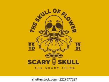 Vintage art illustration design of a skull on the flower
