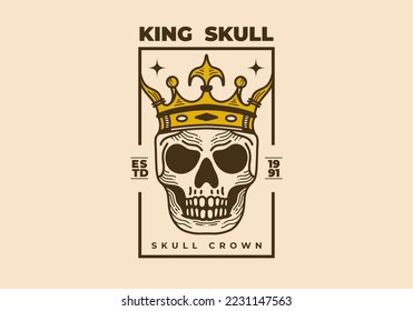 Vintage art illustration design of a skull wearing crown