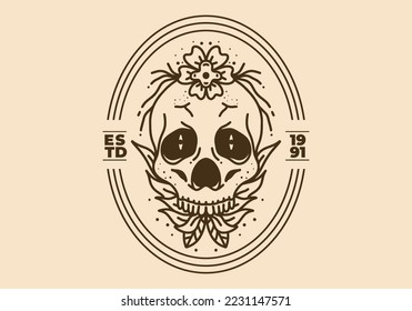 Vintage art illustration design of a skull with flower plant around it