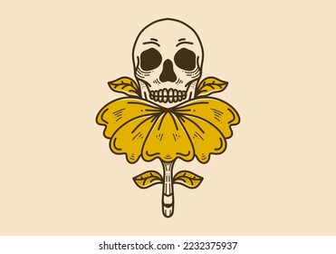 Vintage art illustration design of a skull on the flower