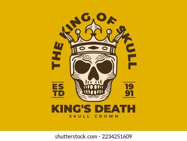 Vintage art illustration design of a skull wearing crown
