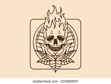 Vintage art illustration design of a skull with fire