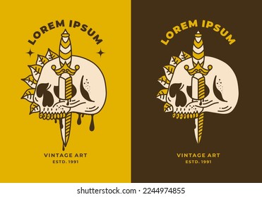 Vintage art illustration design of the skull and the dagger