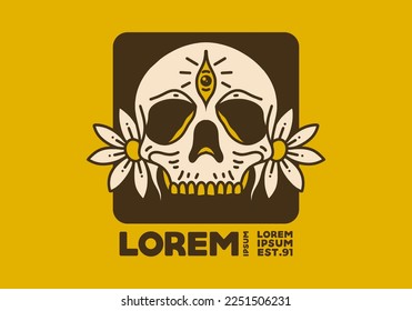 Vintage art illustration design of the skull and flowers