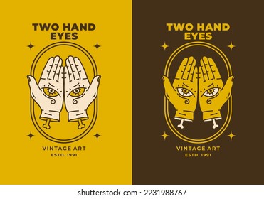 Vintage art illustration design of two hand with eyes