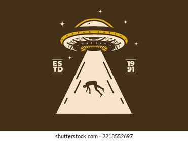 Vintage art illustration design of a ufo suck a human