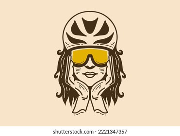 Vintage art illustration design of a woman wearing bicycle helmet