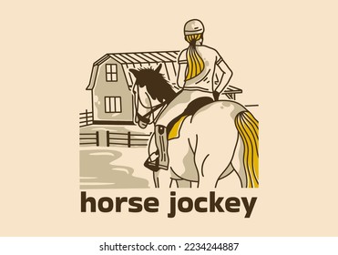 Vintage art illustration design of woman is riding a horse