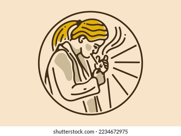 Vintage art illustration design of woman is lighting a cigarette