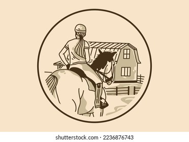 Vintage art illustration design of woman is riding a horse in the circle frame