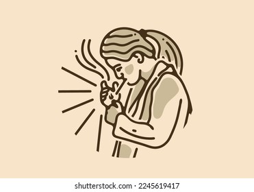 Vintage art illustration design of woman is lighting a cigarette