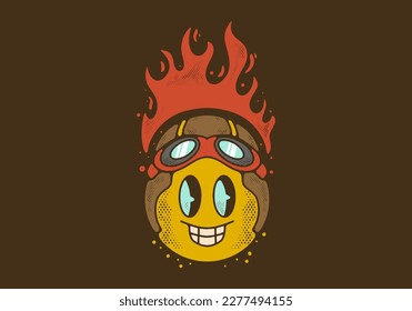 Vintage art illustration design of yellow ball character wearing pilot helmet with fire flames