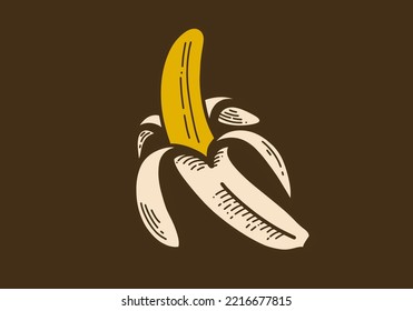 Vintage art illustration drawing of a banana opened