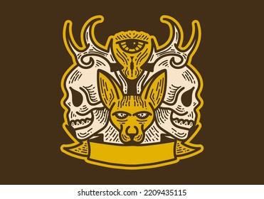 Vintage art illustration drawing of a cat and skull badge