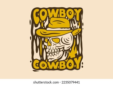 Vintage art illustration drawing of cowboy skull