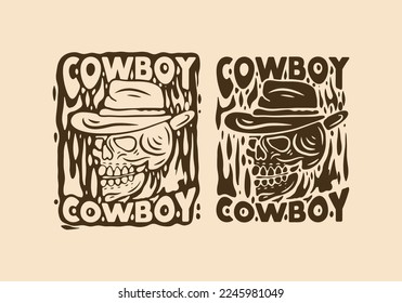 Vintage art illustration drawing of cowboy skull