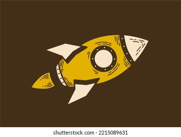 Vintage art illustration drawing of a flying rocket