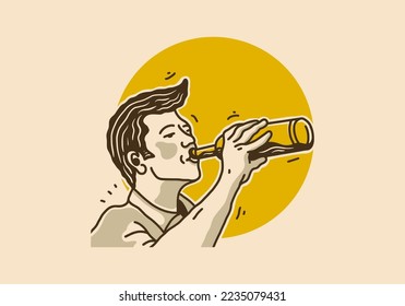 Vintage art illustration drawing of man holding water bottle