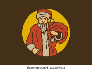 Vintage art illustration drawing of santa claus carries a sack of gifts