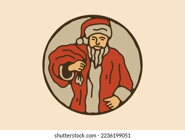 Vintage art illustration drawing of santa claus carries a sack of gifts