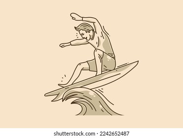 Vintage art illustration of man surfing on the waves