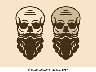 Vintage art illustration of skull with long mustache and beard