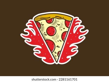 Vintage art illustration sticker design of pizza slice with fire flames