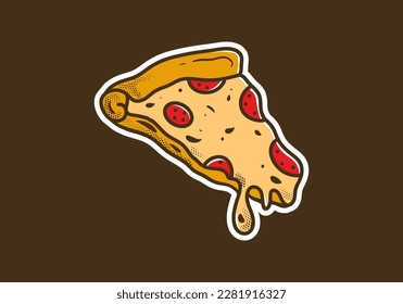 Vintage art illustration sticker design of melted pizza slice