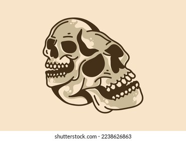 Vintage art illustration of two stacked skulls