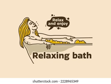 Vintage art illustration of woman relaxing on the bathtub