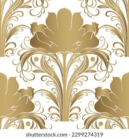 Vintage art nouveau floral seamless pattern. Vector ornamental Damask Baroque old style white background with golden vintage flowers, leaves. Ornate ornaments. Isolated patterned design on white.