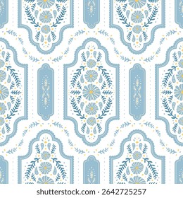 Vintage art nouveau floral sweet and charming blue cottagecore shabby chic seamless pattern repeatable for print background fabric textile cards backdrop in folk art decorative illustration style