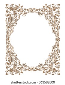 Vintage Art Nouveau frame composed of vignettes, leaves and flowers of golden color on a white background