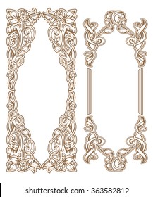 Vintage Art Nouveau frame composed of vignettes, leaves and flowers of golden color on a white background