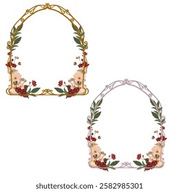 Vintage, art nouveau wreath set. Two frames with flowers and leaves. Invitation card, greeting, celebration cover