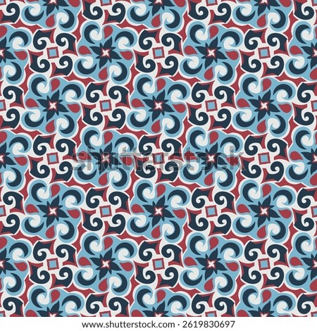 Vintage art seamless pattern in cold colors. Overlapping art forms, stripes, polygons, segments are grouped and arranged in a certain order. Vector. 