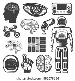 Vintage artificial intelligence icons set with robotic cybernetic elements body parts cyborg and microchip isolated vector illustration