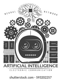 Vintage artificial intelligence label template with android head mechanical gears microchips cybernetic and neural innovations vector illustration