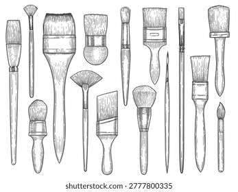Vintage artist brushes etching set. Hand drawn vector illustration of various paint brushes, fan brush, flat and round brushes. Art tools engraving collection