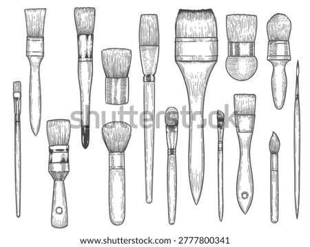 Vintage artist brushes etching set. Hand drawn vector illustration of various paint brushes, fan brush, flat and round brushes. Art tools engraving collection