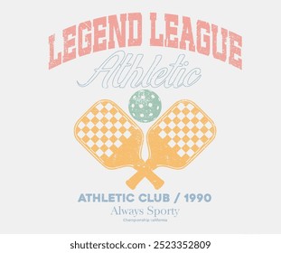 Vintage artwork for sportswear. Pickleball club vector t-shirt design. California Pickleball league graphic print design. Sport logo. College font. Racket tournament. Tennis college league.