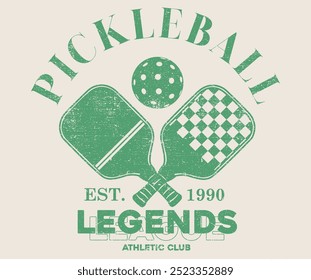 Vintage artwork for sportswear. Pickleball club vector t-shirt design. College font. Racket tournament. Tennis college league.