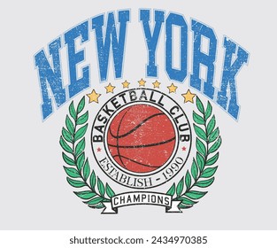 Obra de arte vintage para ropa deportiva. Logo Sport. Fuente College. Diseño de camiseta vectorial de club de baloncesto. Diseño de estampado gráfico de la liga de baloncesto de Nueva York. Torneo de campeones. Liga universitaria de baloncesto. 