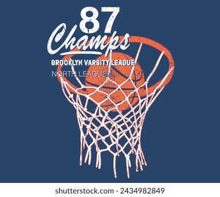 Vintage artwork for sportswear. Sport logo. College font. Basketball club vector t-shirt design. Champion tournament. Basketball college league. 